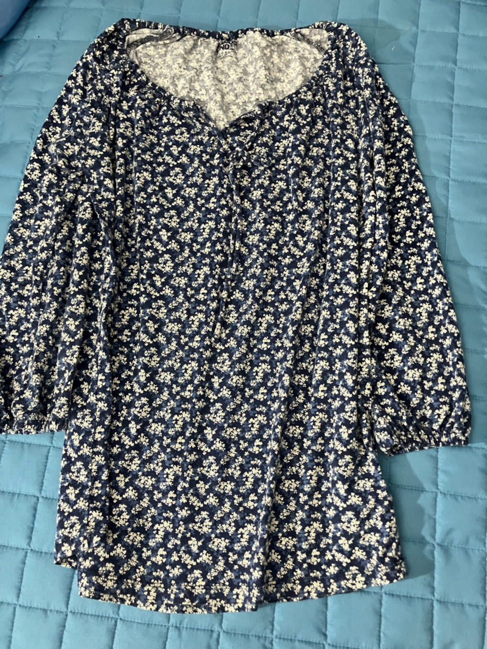 Lands' End Navy Floral Long-Sleeve Blouse